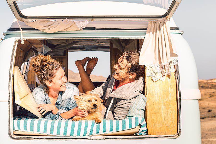 Contact - A Couple and Their Dog Lay In Their Camper Van on a Sunny Day, The Back Hatch Open and Curtains Pulled Aside